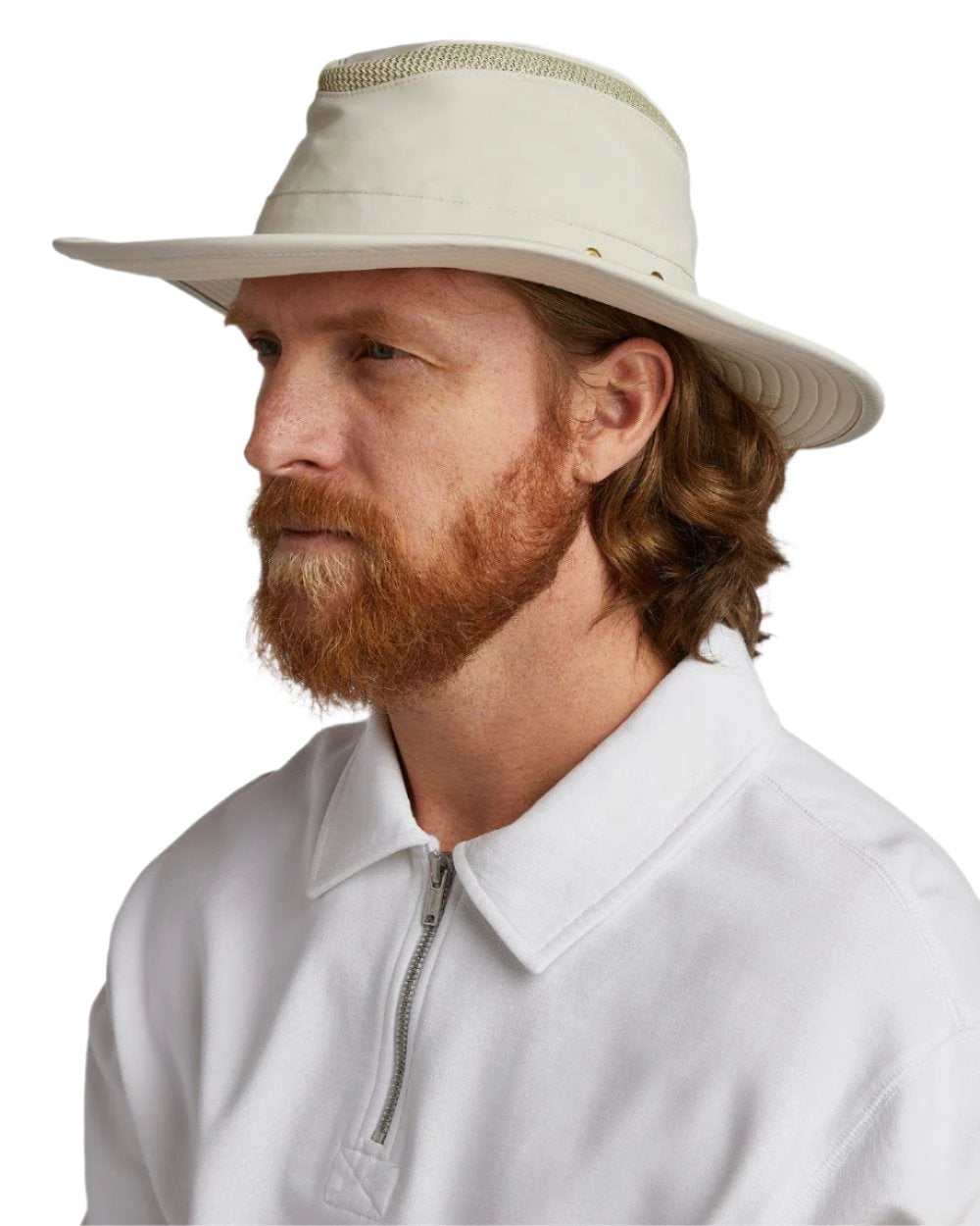 Light Stone coloured Tilley Hats Airflo Broad Brim Sun Hat  on white background 