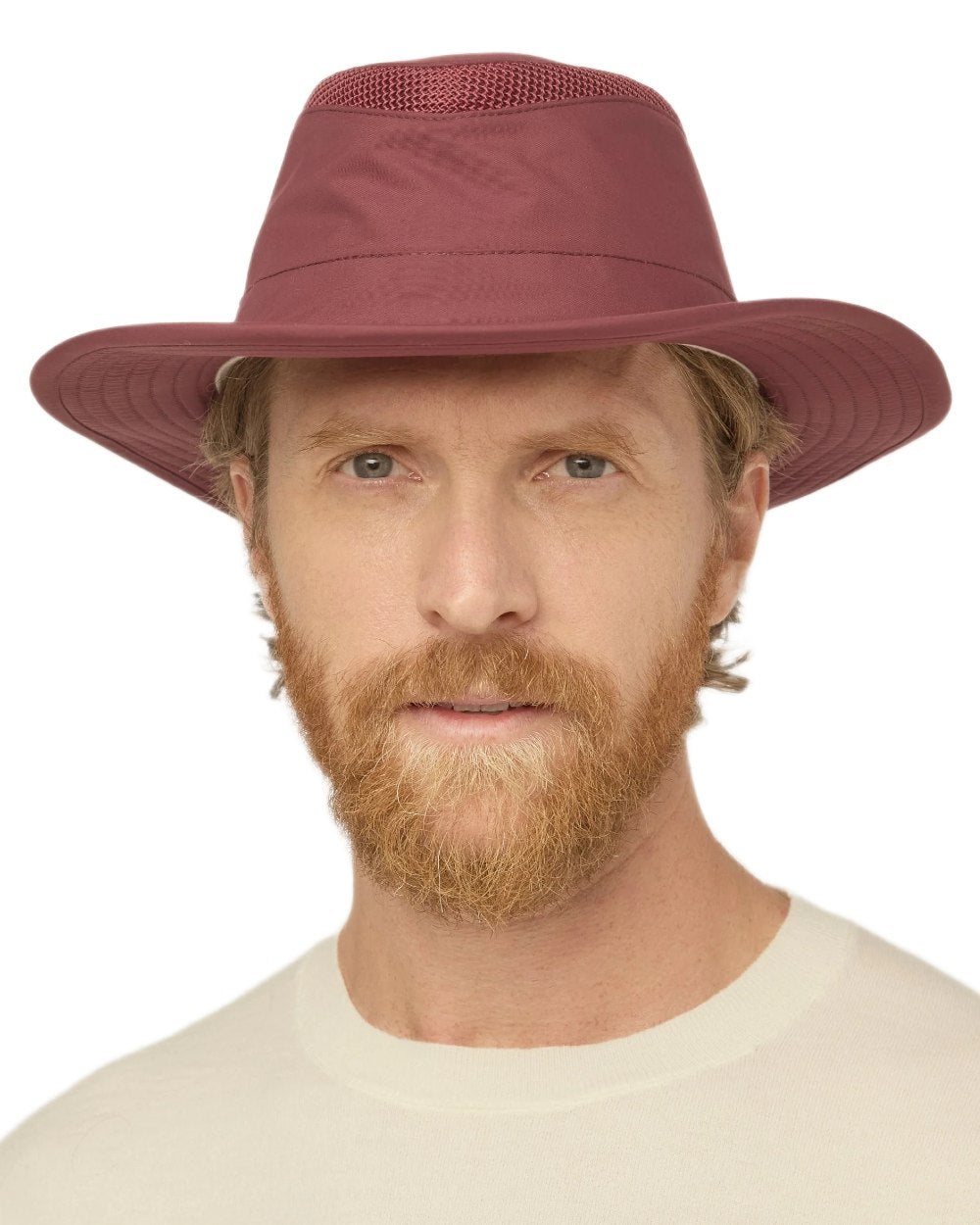 Mulberry coloured Tilley Airflo Broad Brim Sun Hat on white background 