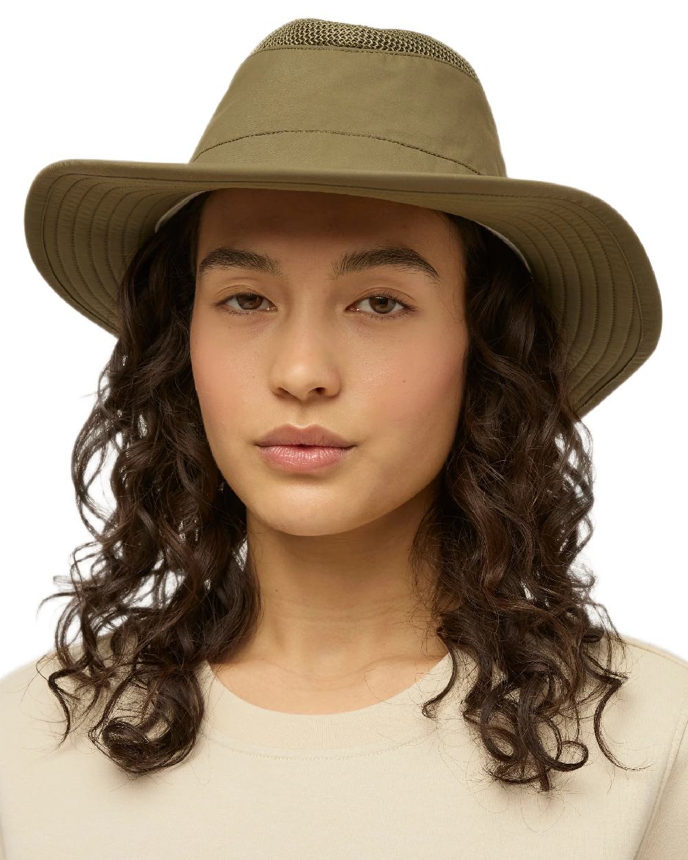 Olive Coloured Tilley Airflo Broad Brim Sun Hat on white background 