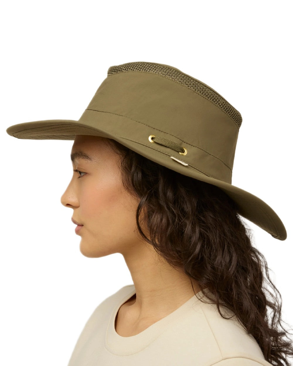 Olive Coloured Tilley Airflo Broad Brim Sun Hat on white background 