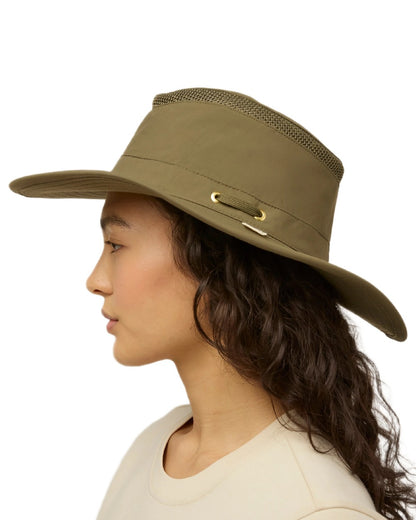 Olive Coloured Tilley Airflo Broad Brim Sun Hat on white background 