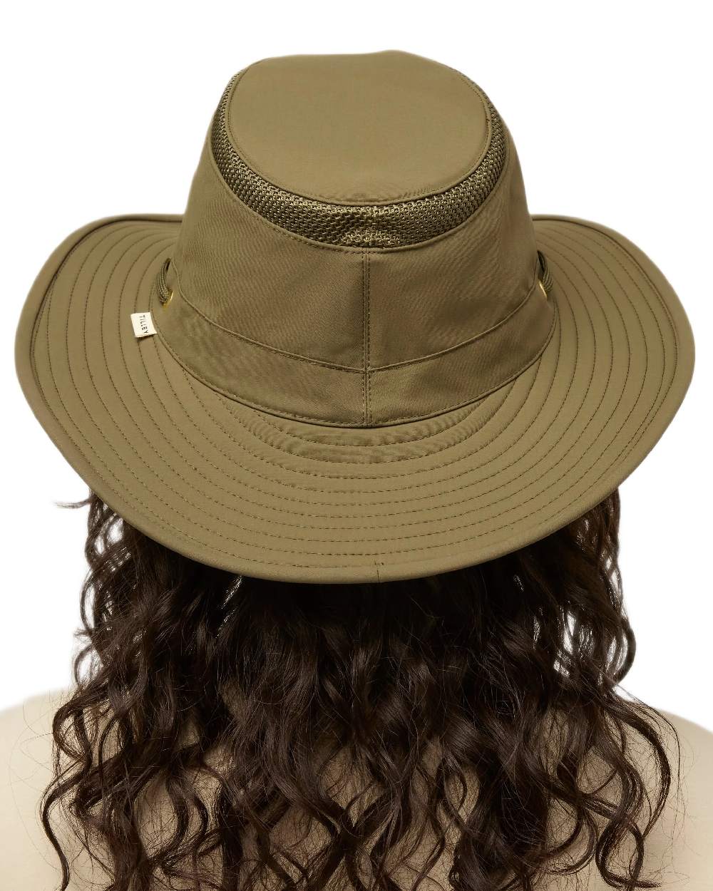 Olive Coloured Tilley Airflo Broad Brim Sun Hat on white background 