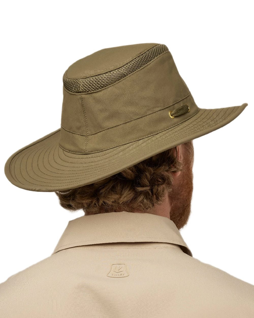 Olive Coloured Tilley Airflo Broad Brim Sun Hat on white background 