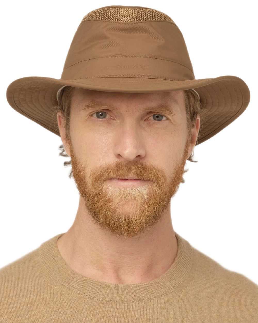 Peat coloured Tilley Airflo Broad Brim Sun Hat on white background 
