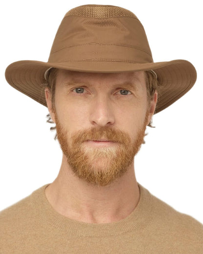 Peat coloured Tilley Airflo Broad Brim Sun Hat on white background 