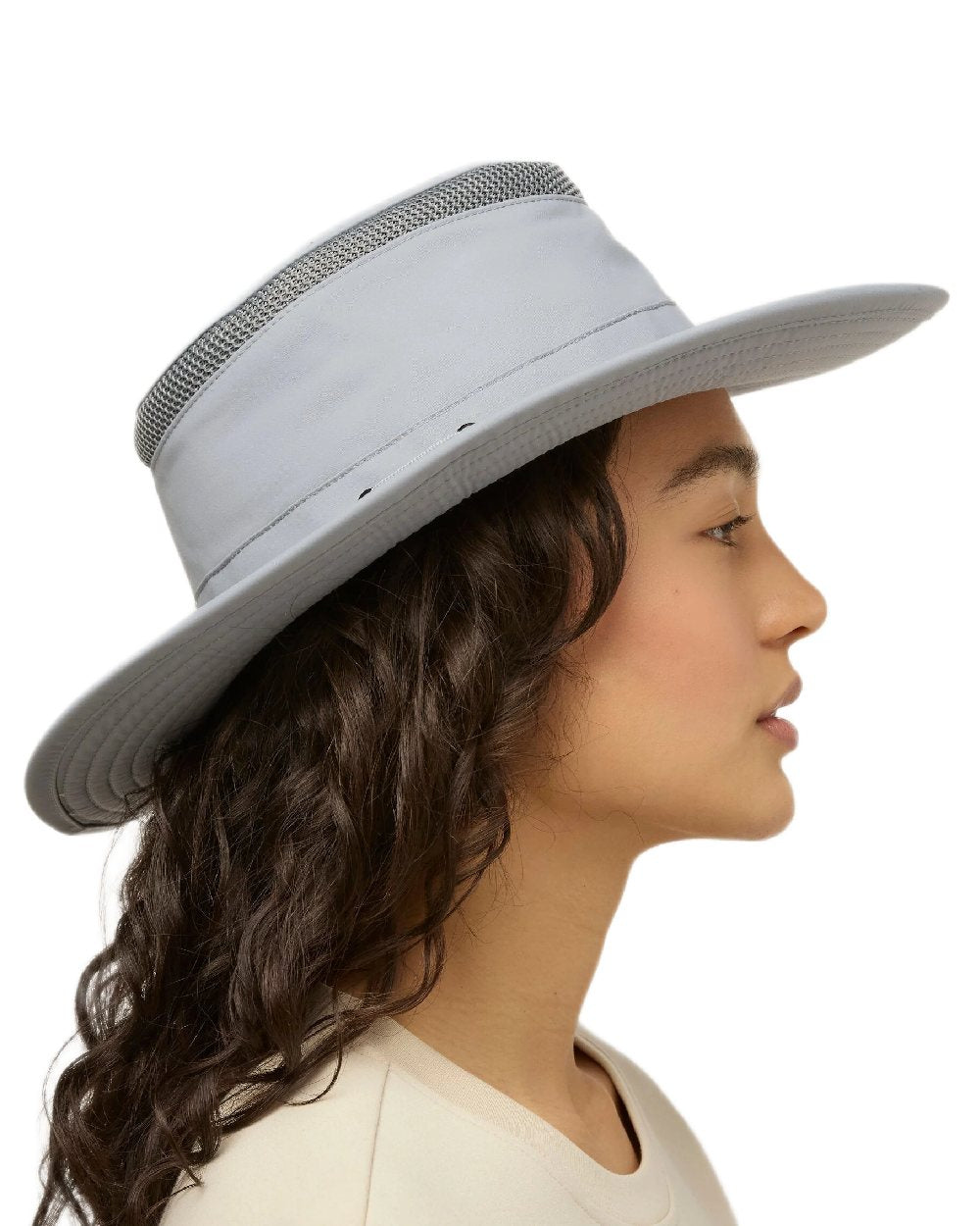 Soft Blue Coloured Tilley Airflo Broad Brim Sun Hat on white background 