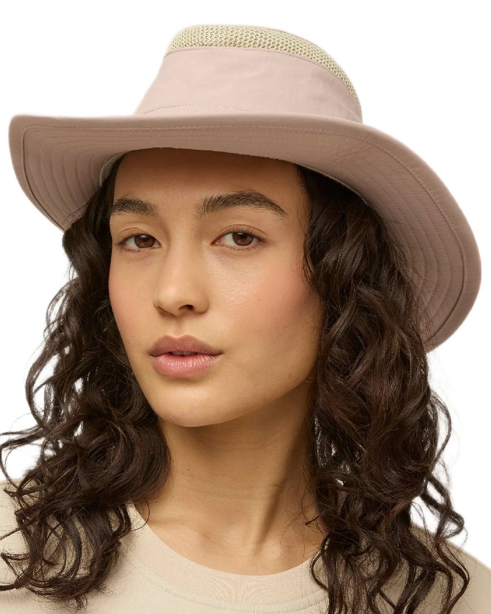 Soft Mauve Coloured Tilley Airflo Broad Brim Sun Hat on white background 