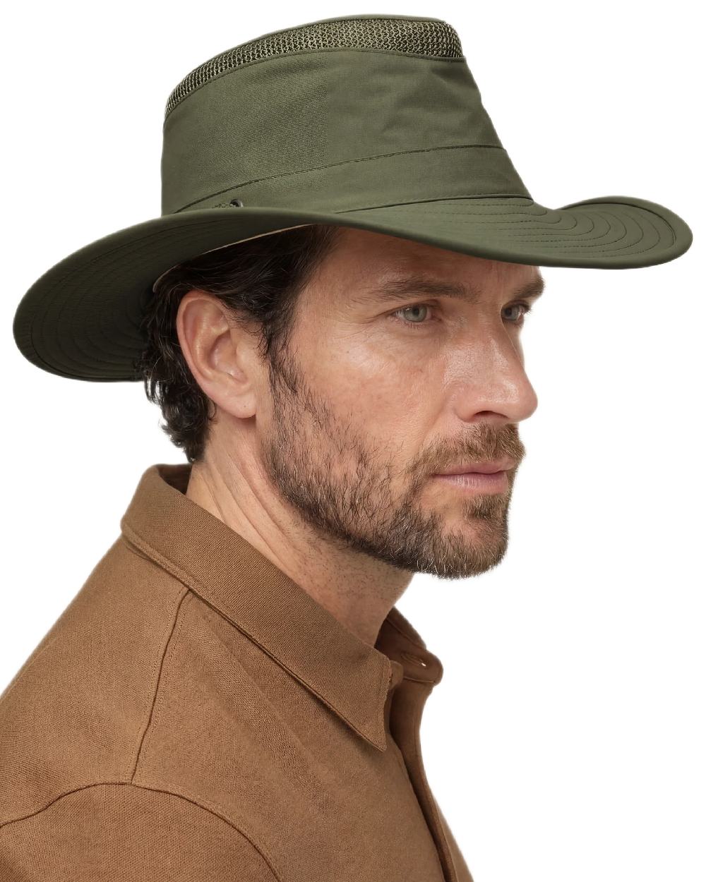 Thyme Green Coloured Tilley Airflo Broad Brim Sun Hat on white background 