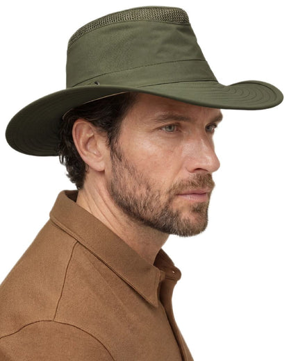 Thyme Green Coloured Tilley Airflo Broad Brim Sun Hat on white background 