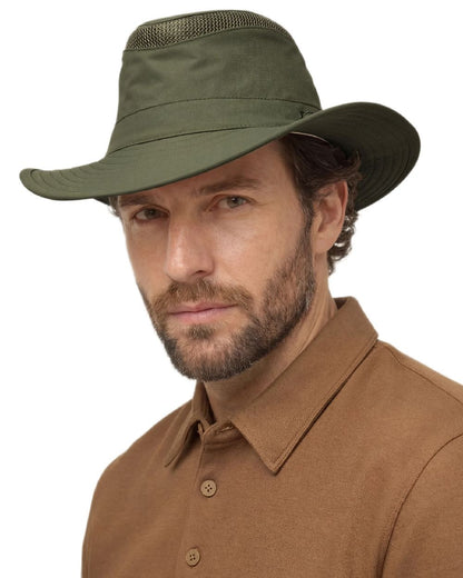 Thyme Green Coloured Tilley Airflo Broad Brim Sun Hat on white background 