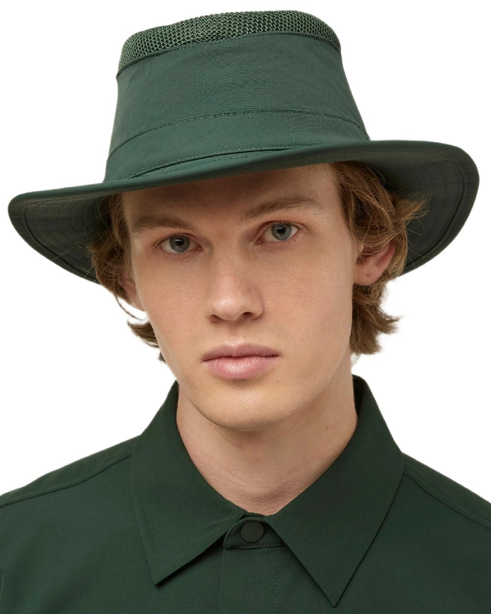 Evergreen Coloured Tilley Airflo Medium Brim Recycled Hat on white background 