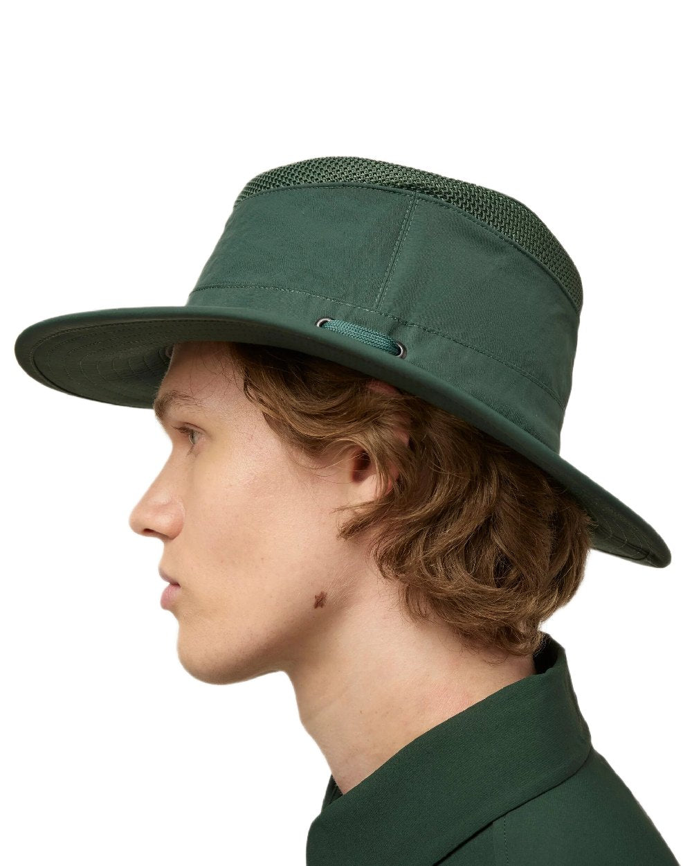 Evergreen Coloured Tilley Airflo Medium Brim Recycled Hat on white background 