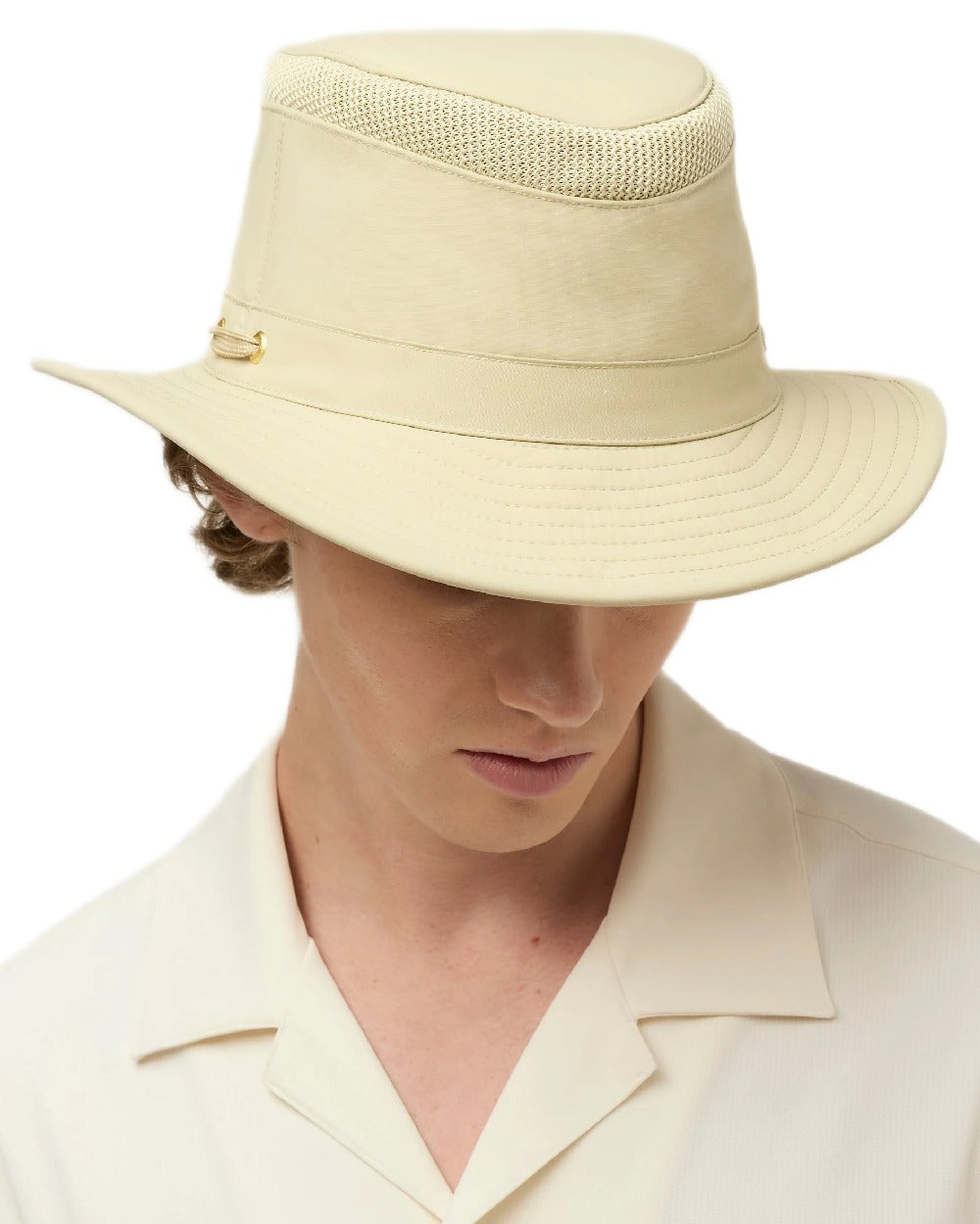 Khaki Olive Coloured Tilley Airflo Medium Brim Recycled Hat on white background 