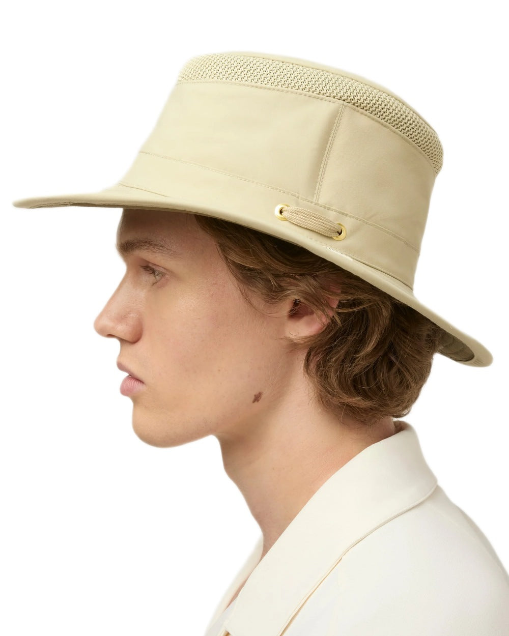 Khaki Olive Coloured Tilley Airflo Medium Brim Recycled Hat on white background 