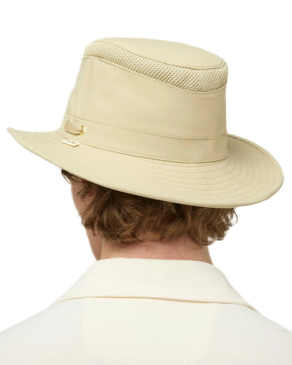 Khaki Olive Coloured Tilley Airflo Medium Brim Recycled Hat on white background 