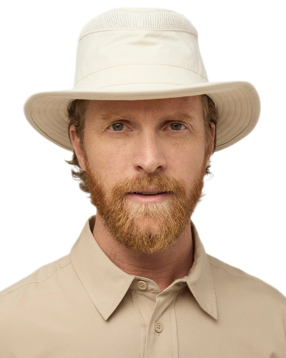 Light Stone Coloured Tilley Airflo Medium Brim Recycled Hat on white background 