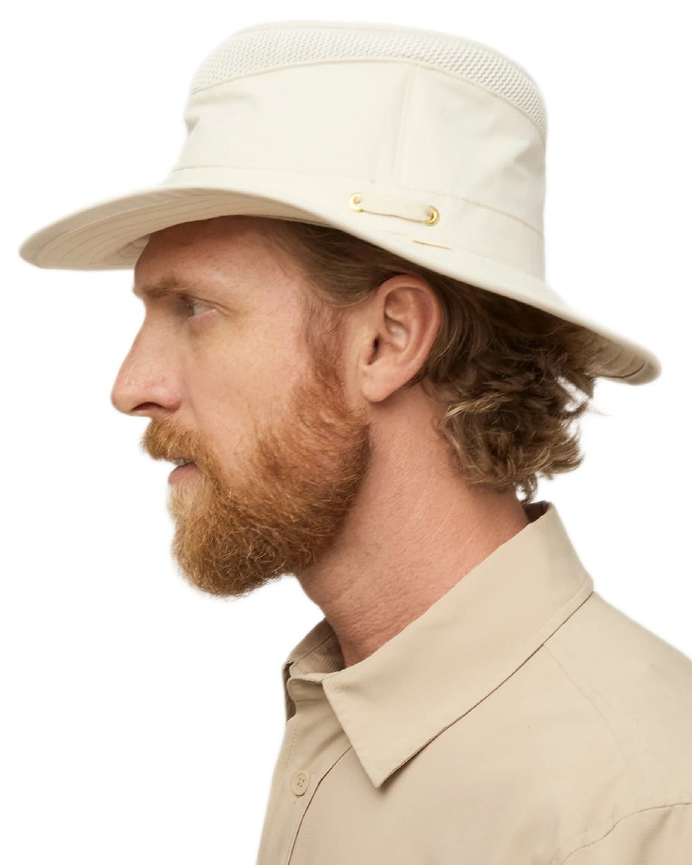 Light Stone Coloured Tilley Airflo Medium Brim Recycled Hat on white background 