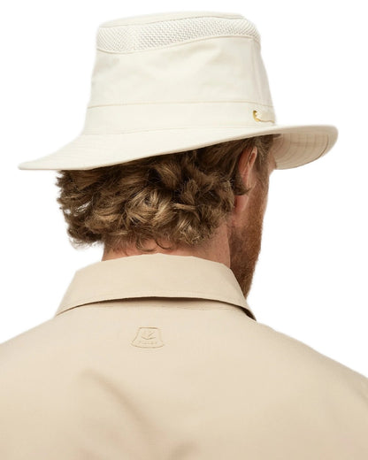 Light Stone Coloured Tilley Airflo Medium Brim Recycled Hat on white background 
