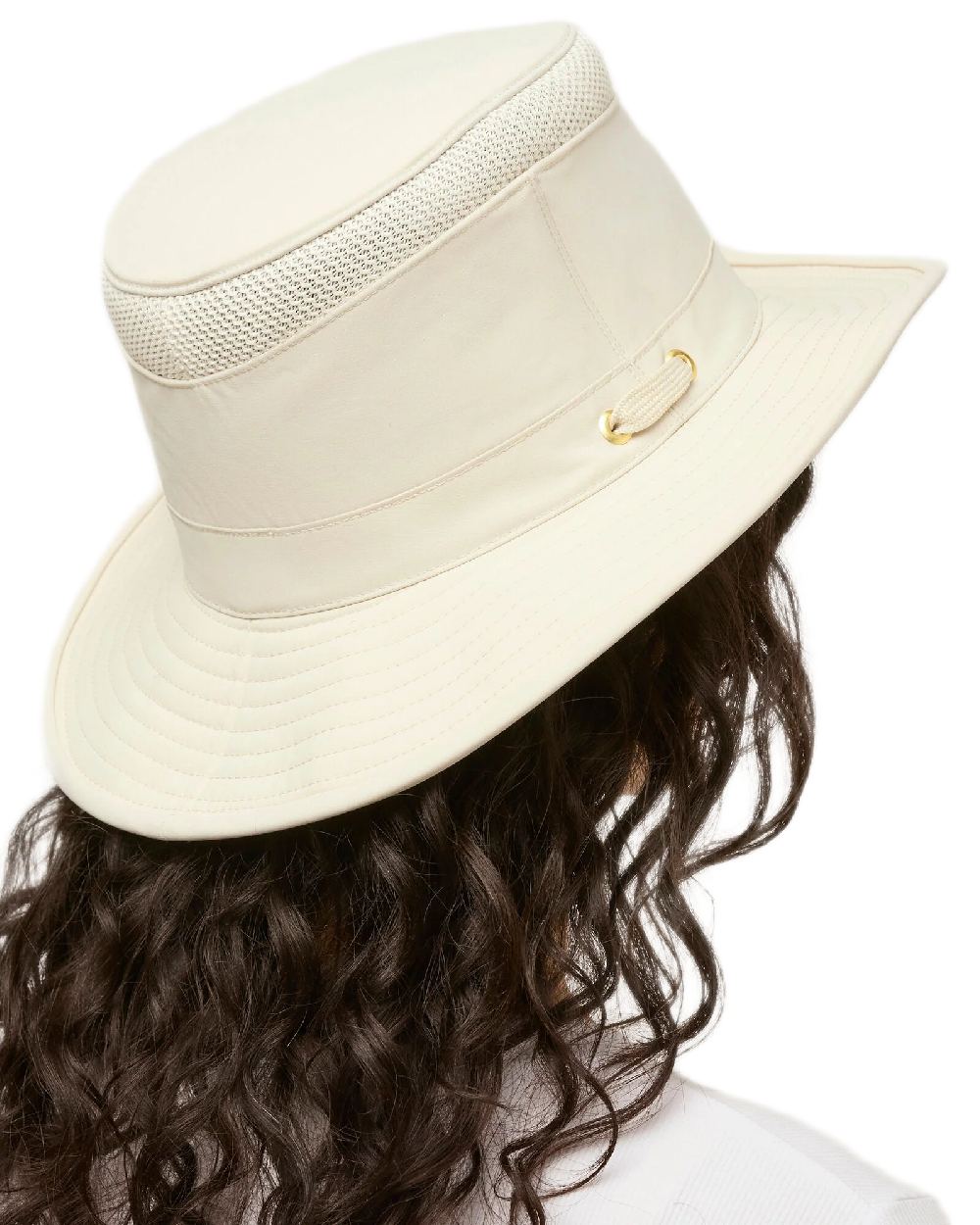 Light Stone Coloured Tilley Airflo Medium Brim Recycled Hat on white background 