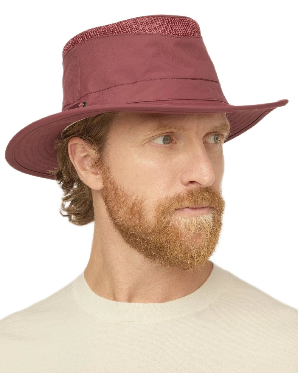 Mulberry Coloured Tilley Airflo Medium Brim Recycled Hat on white background 