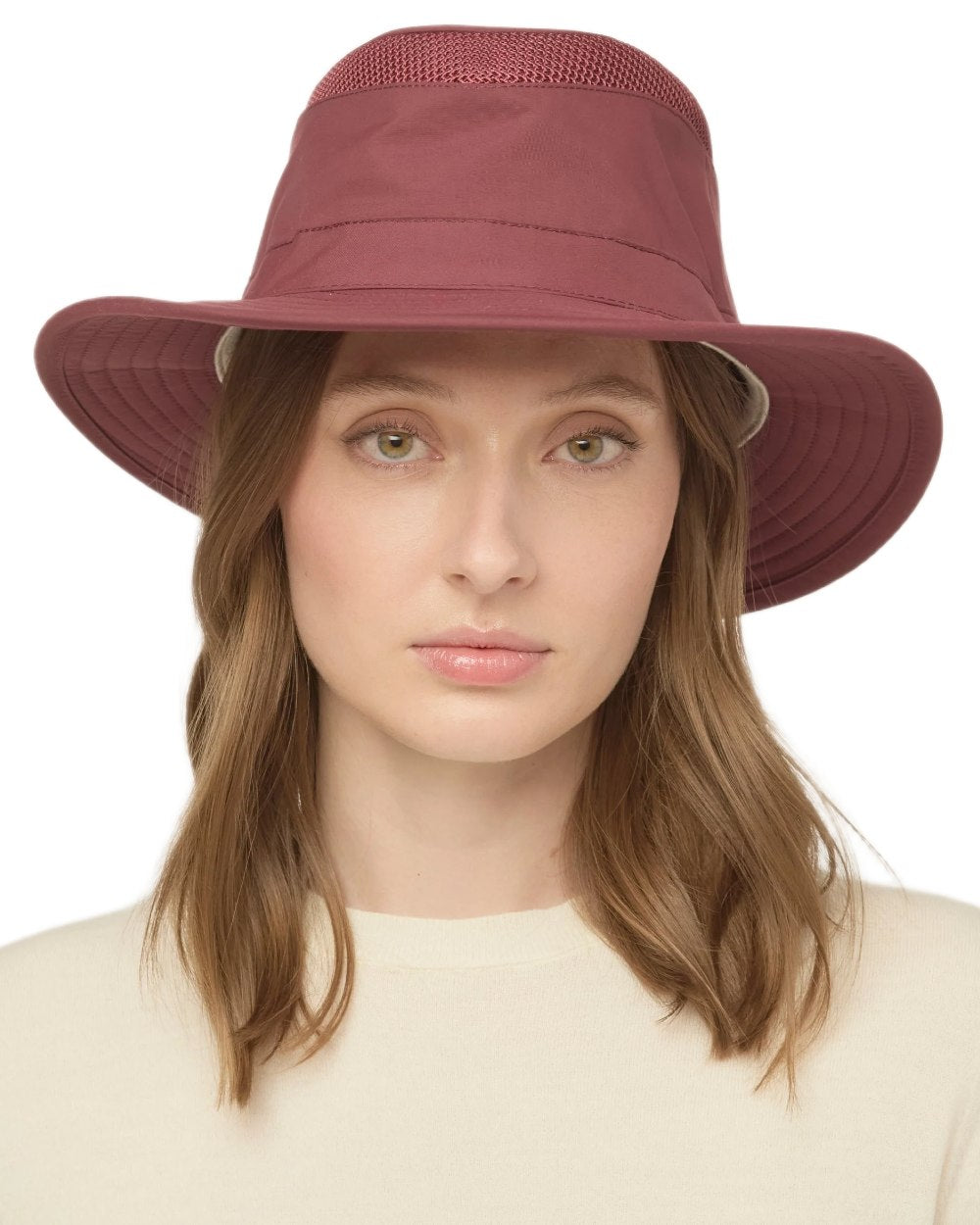 Mulberry Coloured Tilley Airflo Medium Brim Recycled Hat on white background 
