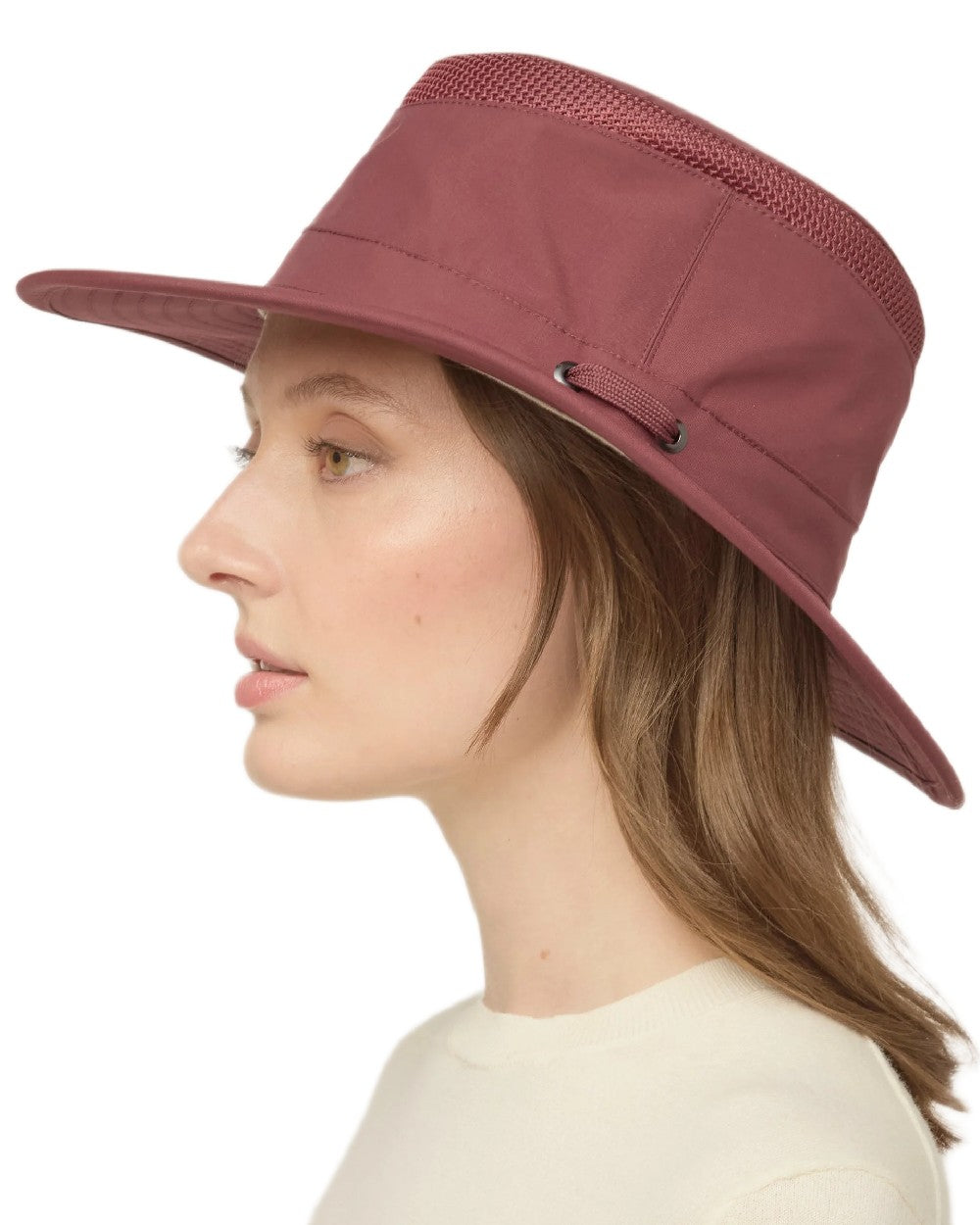 Mulberry Coloured Tilley Airflo Medium Brim Recycled Hat on white background 