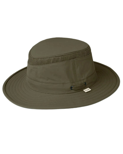 Olive Coloured Tilley Airflo Medium Brim Recycled Hat on white background 