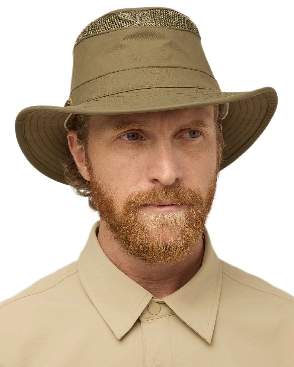 Olive Coloured Tilley Airflo Medium Brim Recycled Hat on white background 