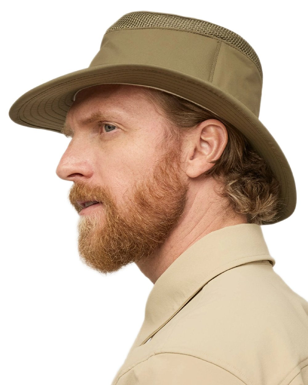 Olive Coloured Tilley Airflo Medium Brim Recycled Hat on white background 