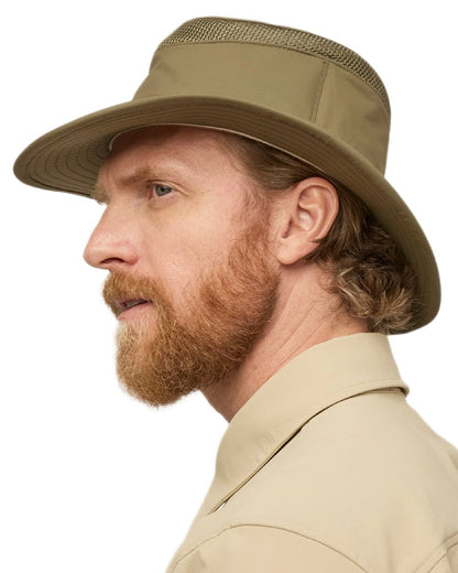 Olive Coloured Tilley Airflo Medium Brim Recycled Hat on white background 