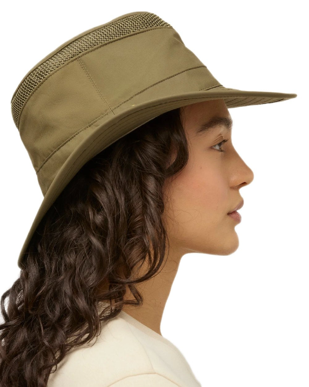 Olive Coloured Tilley Airflo Medium Brim Recycled Hat on white background 