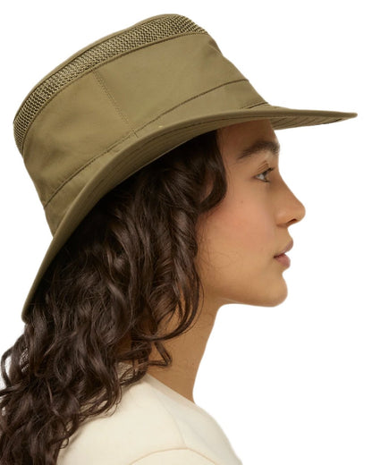 Olive Coloured Tilley Airflo Medium Brim Recycled Hat on white background 