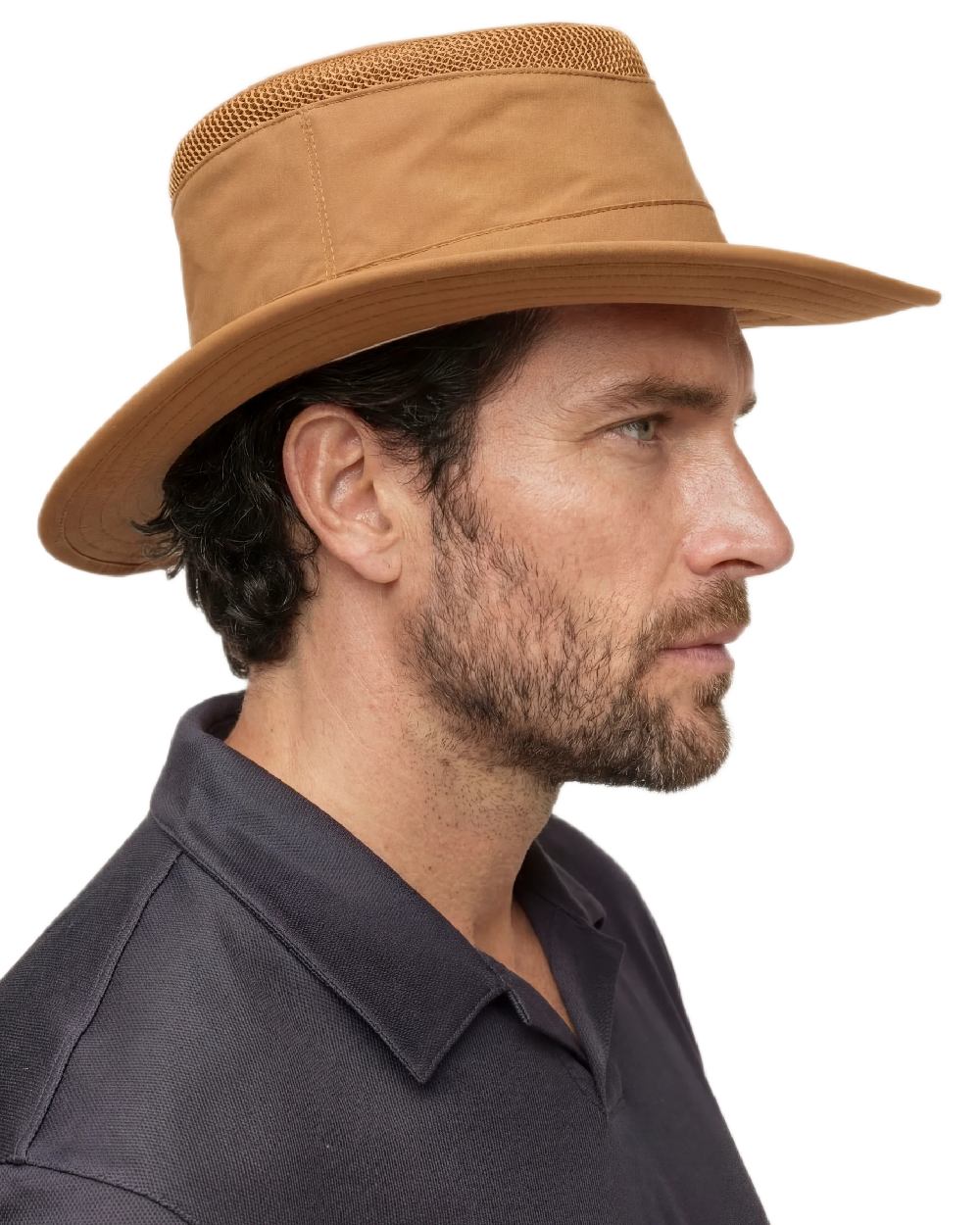 Toffee Coloured Tilley Airflo Medium Brim Recycled Hat on white background 