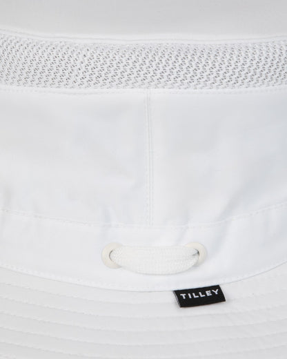White Coloured Tilley Airflo Medium Brim Recycled Hat on white background 