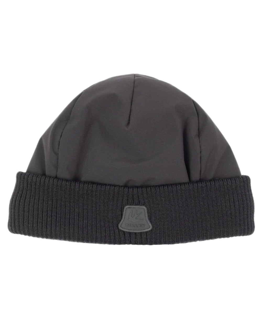 Black coloured Tilley Airlite Down Padded Beanie on white background 