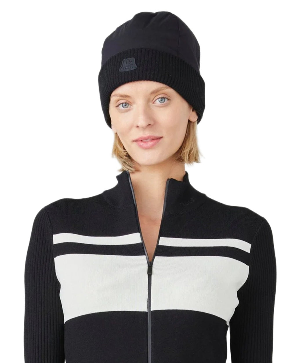 Black coloured Tilley Airlite Down Padded Beanie on white background 