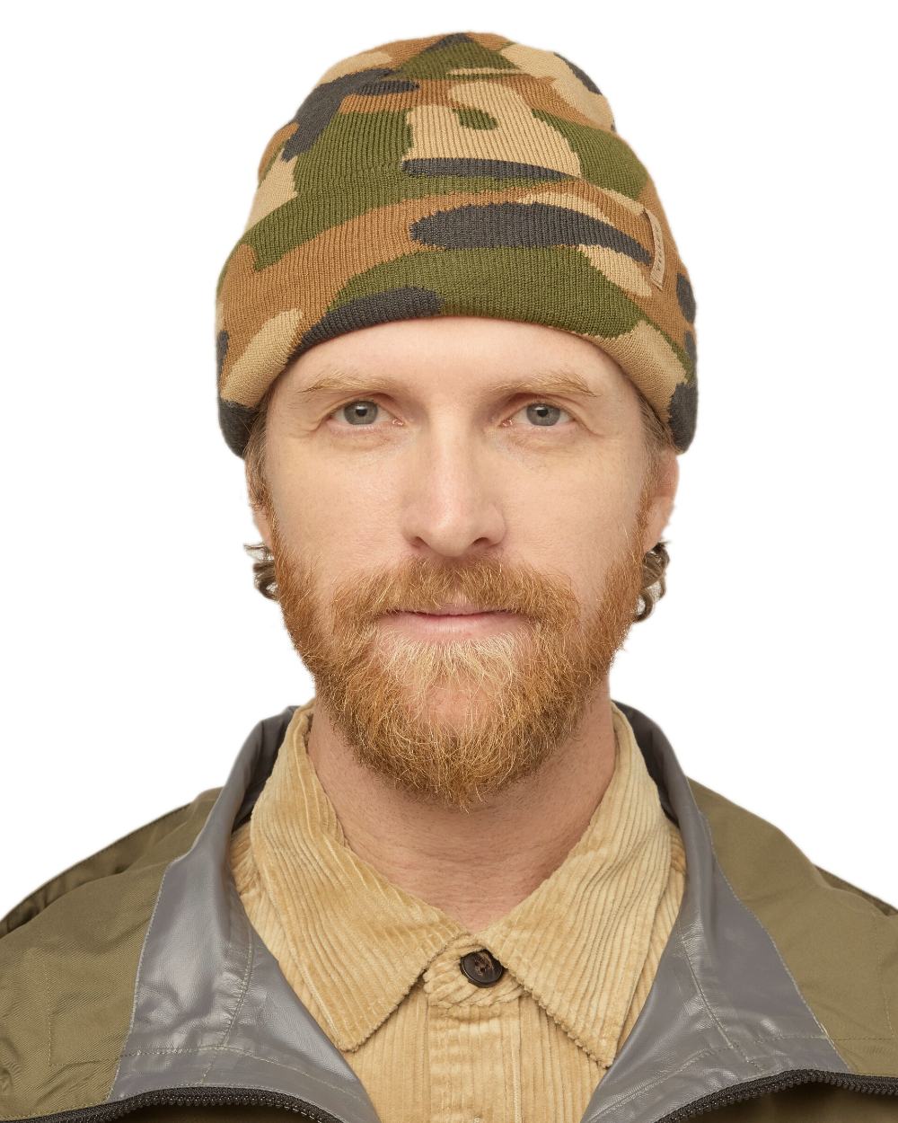Camo coloured Tilley Camo Beanie on white background 
