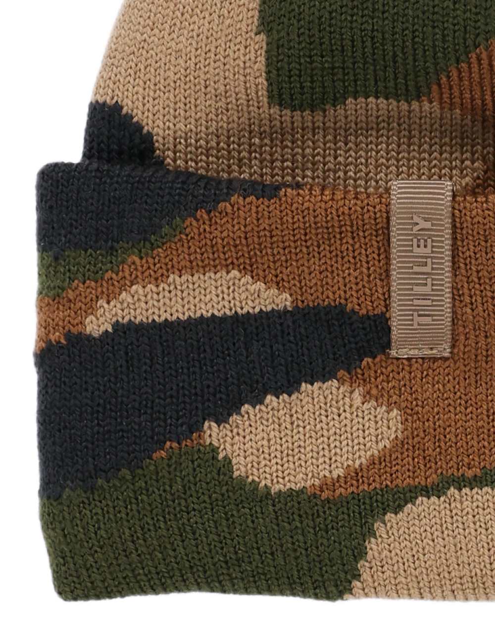 Camo coloured Tilley Camo Beanie on white background 