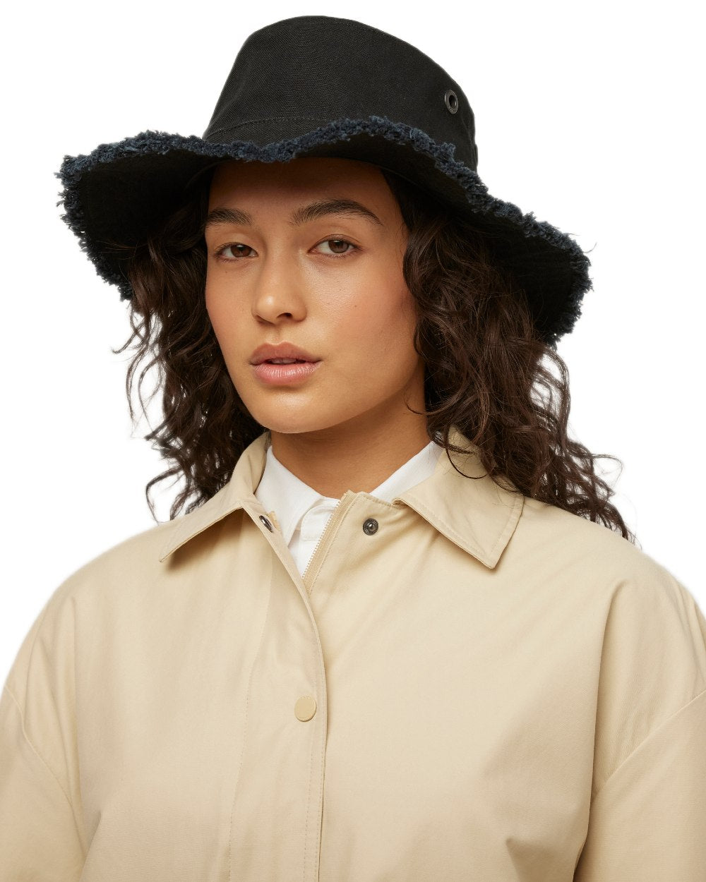 Black Coloured Tilley Fringe Wanderer Hat on white background 