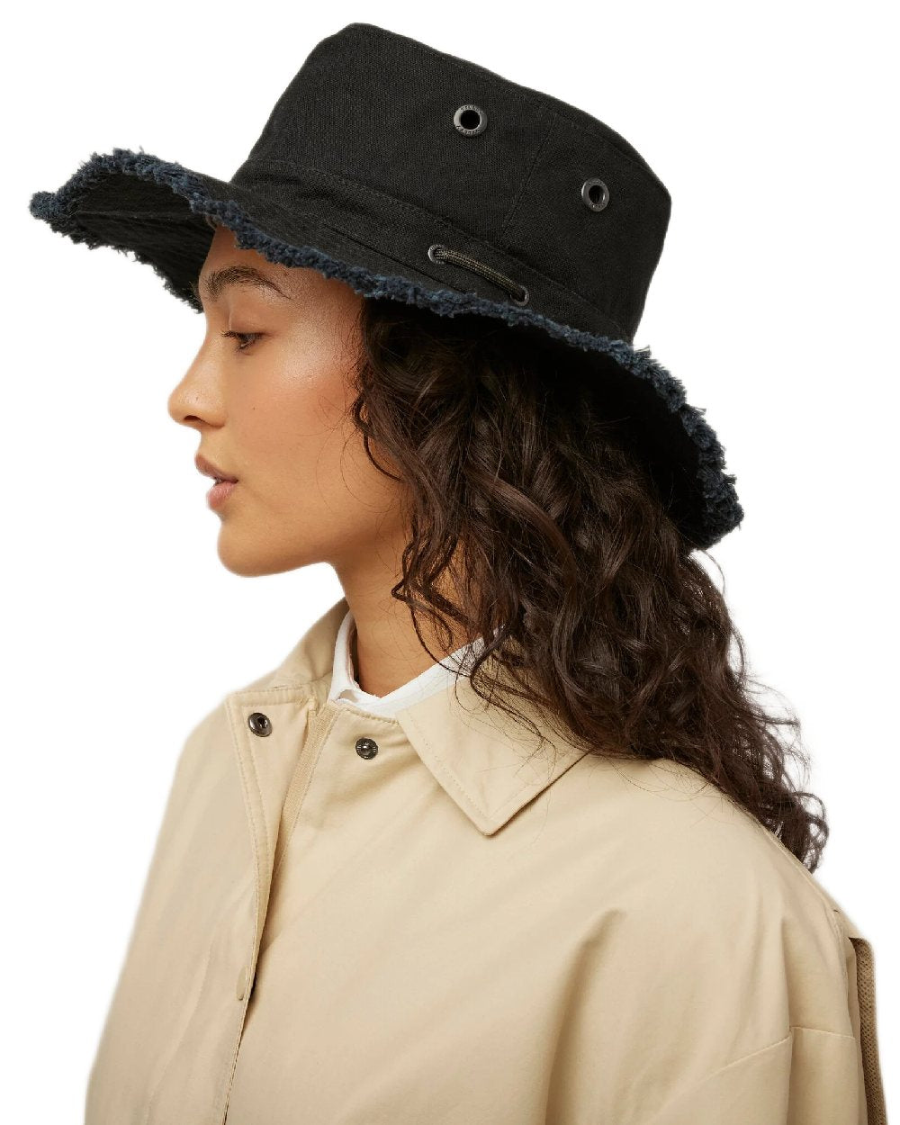 Black Coloured Tilley Fringe Wanderer Hat on white background 