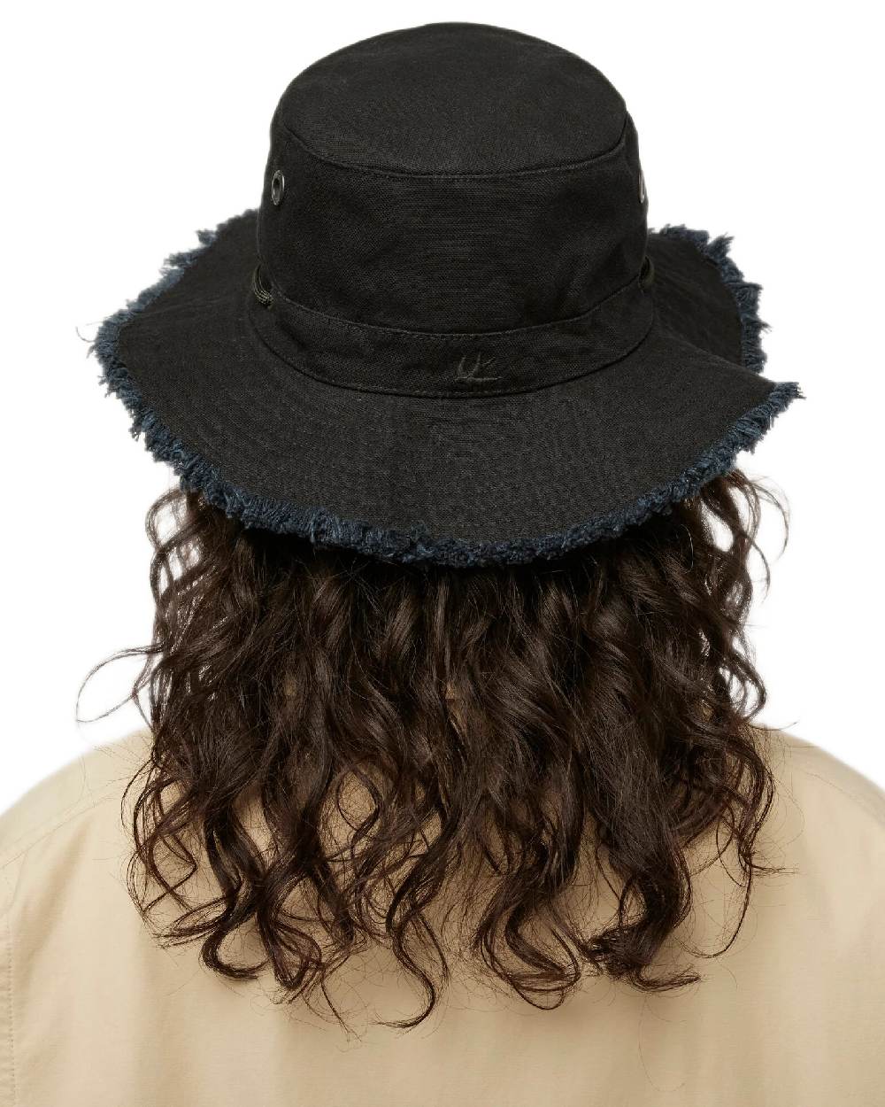 Black Coloured Tilley Fringe Wanderer Hat on white background 