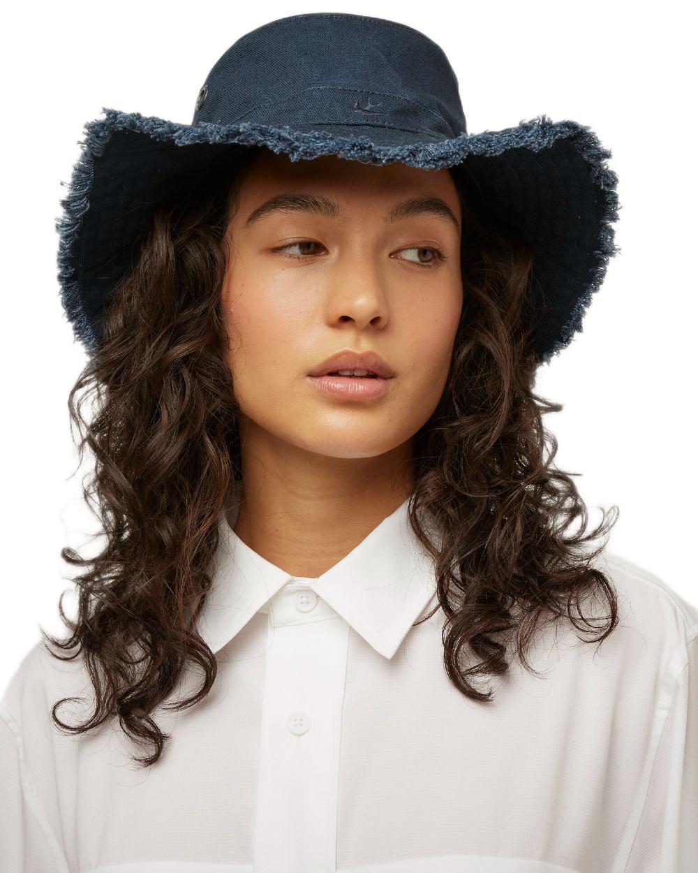 Dark Navy Coloured Tilley Fringe Wanderer Hat on white background 
