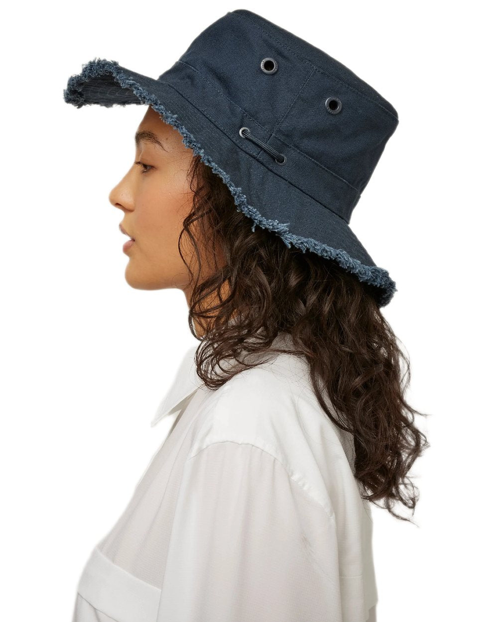Dark Navy Coloured Tilley Fringe Wanderer Hat on white background 