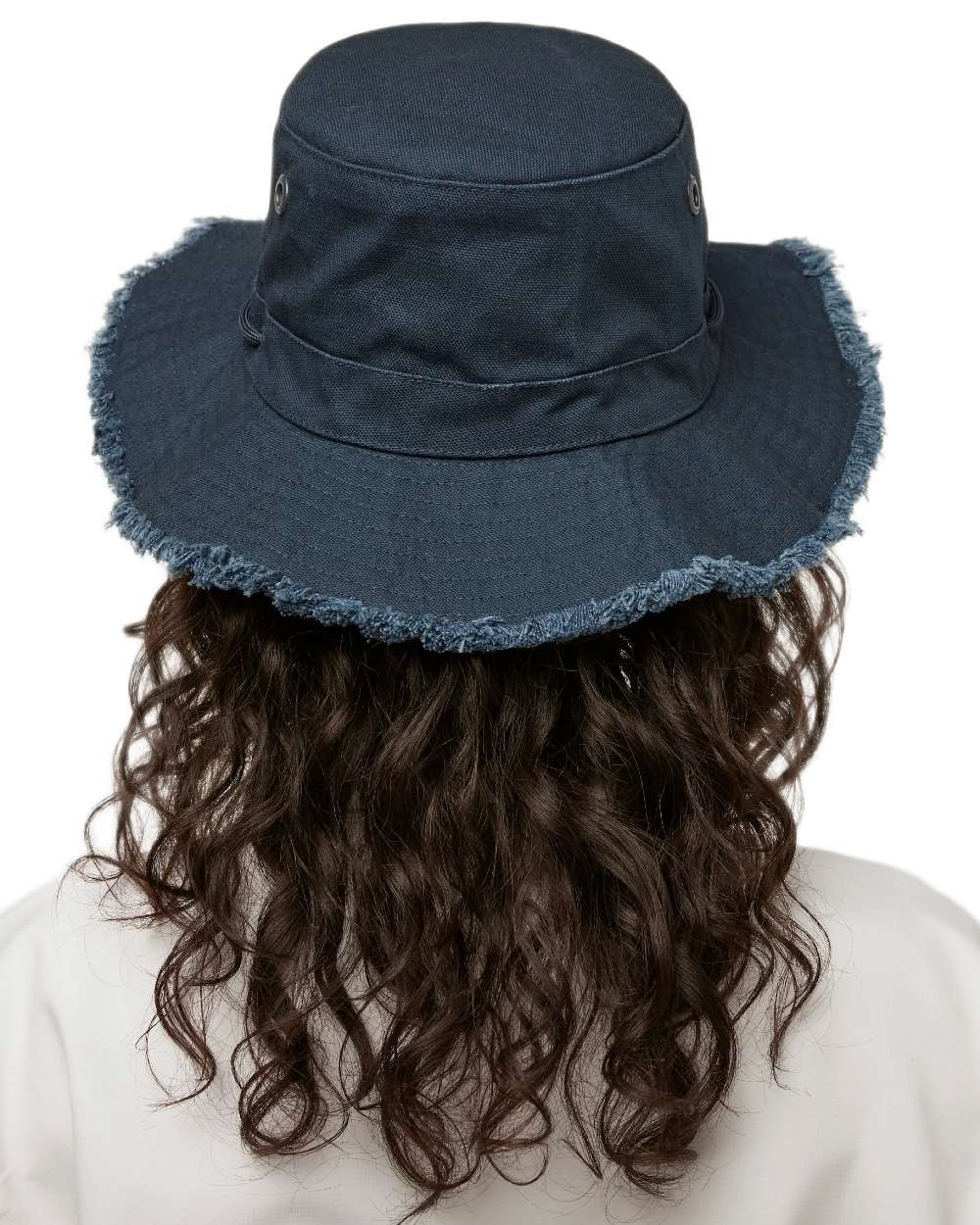 Dark Navy Coloured Tilley Fringe Wanderer Hat on white background 