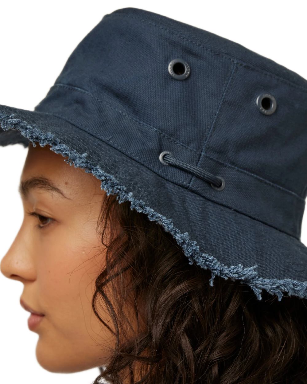 Dark Navy Coloured Tilley Fringe Wanderer Hat on white background 