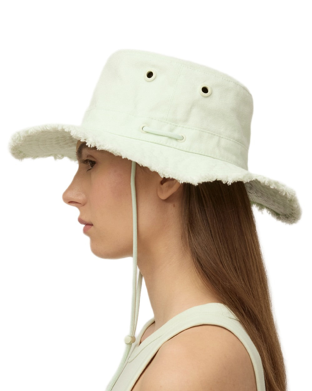Frosted Mint Coloured Tilley Fringe Wanderer Hat on white background 