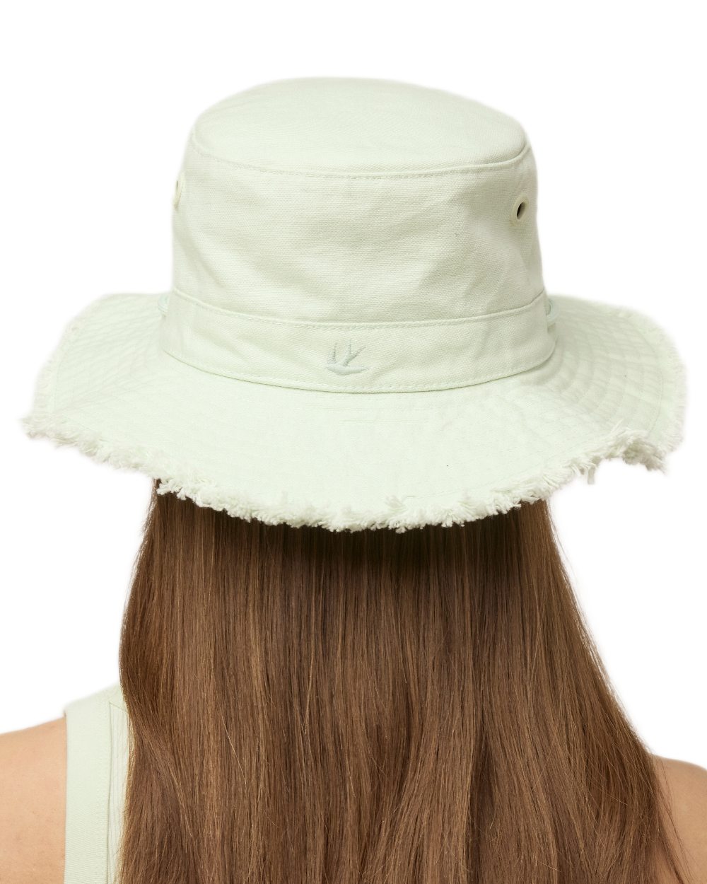 Frosted Mint Coloured Tilley Fringe Wanderer Hat on white background 