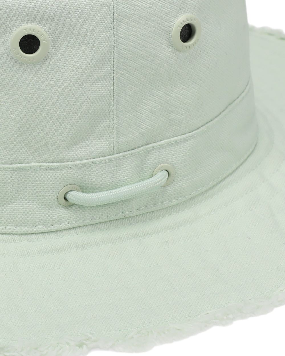 Frosted Mint Coloured Tilley Fringe Wanderer Hat on white background 