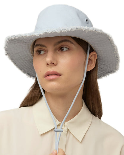 Ice Blue Coloured Tilley Fringe Wanderer Hat on white background 