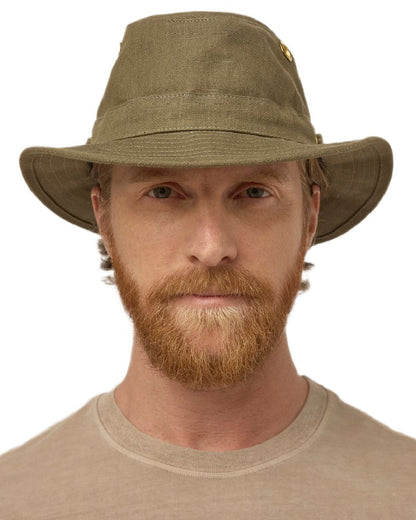 Green Olive Coloured Tilley Hemp Hat on white background 